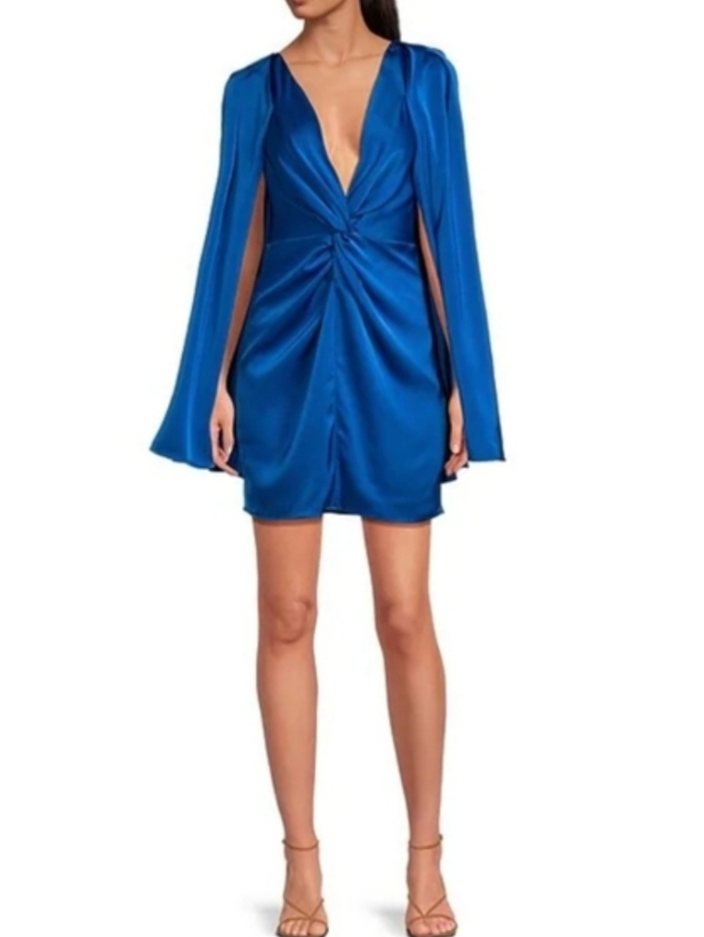Badgley Mischka Cobalt Blue Satin Plunge Mini Dress with Cape Sleeves